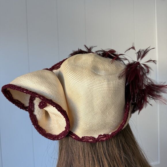 VTG 50s 60s Derby Hat Handmade Straw Feathers Crochet Whimsigoth Boho Cottage - Picture 4 of 13